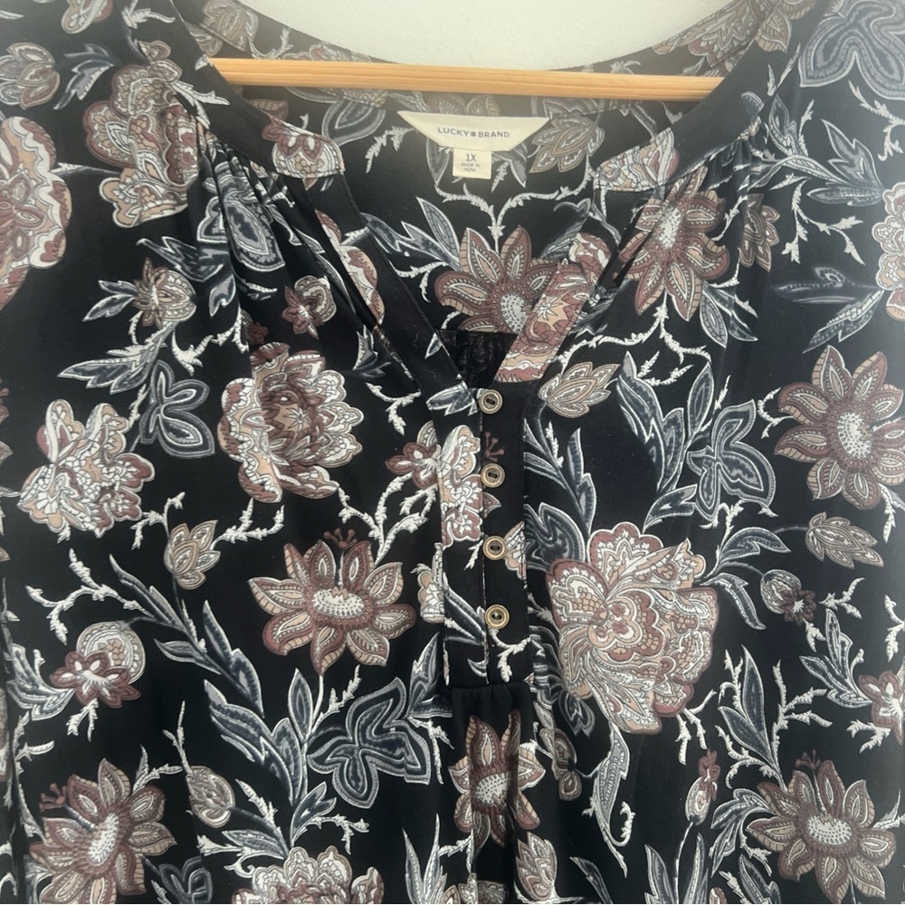 Lucky Brand Womens Boho Tunic Floral Peasant Blouse 3/4 Sleeves 1X Viscose